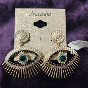 NATASHA EVIL EYE STATEMENT EARRINGS AB CRYSTAL RHINESTONES PIERCED NWT